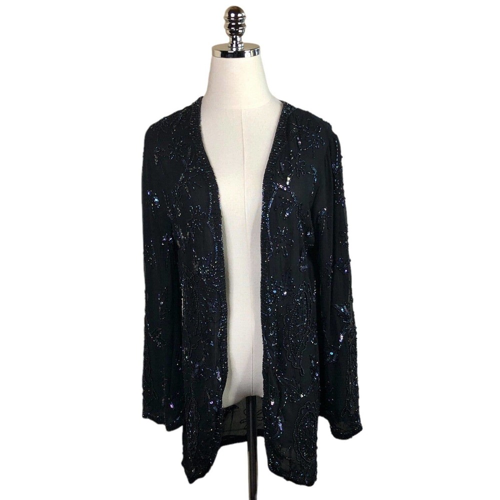 Vintage Judith Ann Embellished Blouse Black Silk Iridescent Sequins Beads Small
